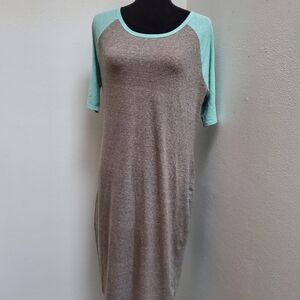 LuLaRoe Gray and Teal Raglan Sleeve Dress Size L